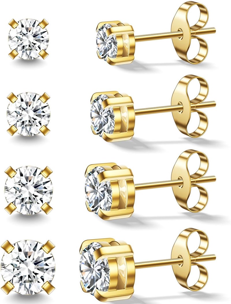 AMASIS Stud Earrings for Women Men, Hypoallergenic Women's 14K Gold Plated 316L Stainless Steel CZ Studs Earrings Simulated Diamond Round Cubic Zirconia Ear Stud Set - Image 1
